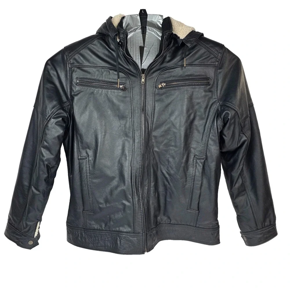 Fabio's 100% Bovine‎ Leather Hooded Leather Jacket with Fleece Lining Size 44